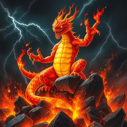A formidable fire-salamander king, portrayed with striking orange and red skin adorned with glowing patterns