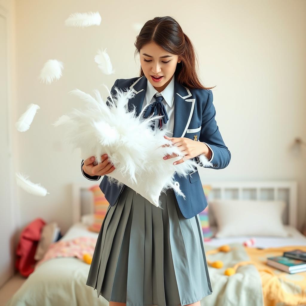 A woman in a classic school uniform, consisting of a pleated skirt and a fitted blazer, stands in a dynamic pose as she dramatically rips a fluffy white pillow apart