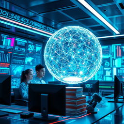 A futuristic scene depicting a highly advanced artificial intelligence system in action
