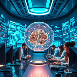 A futuristic scene depicting a highly advanced artificial intelligence system in action