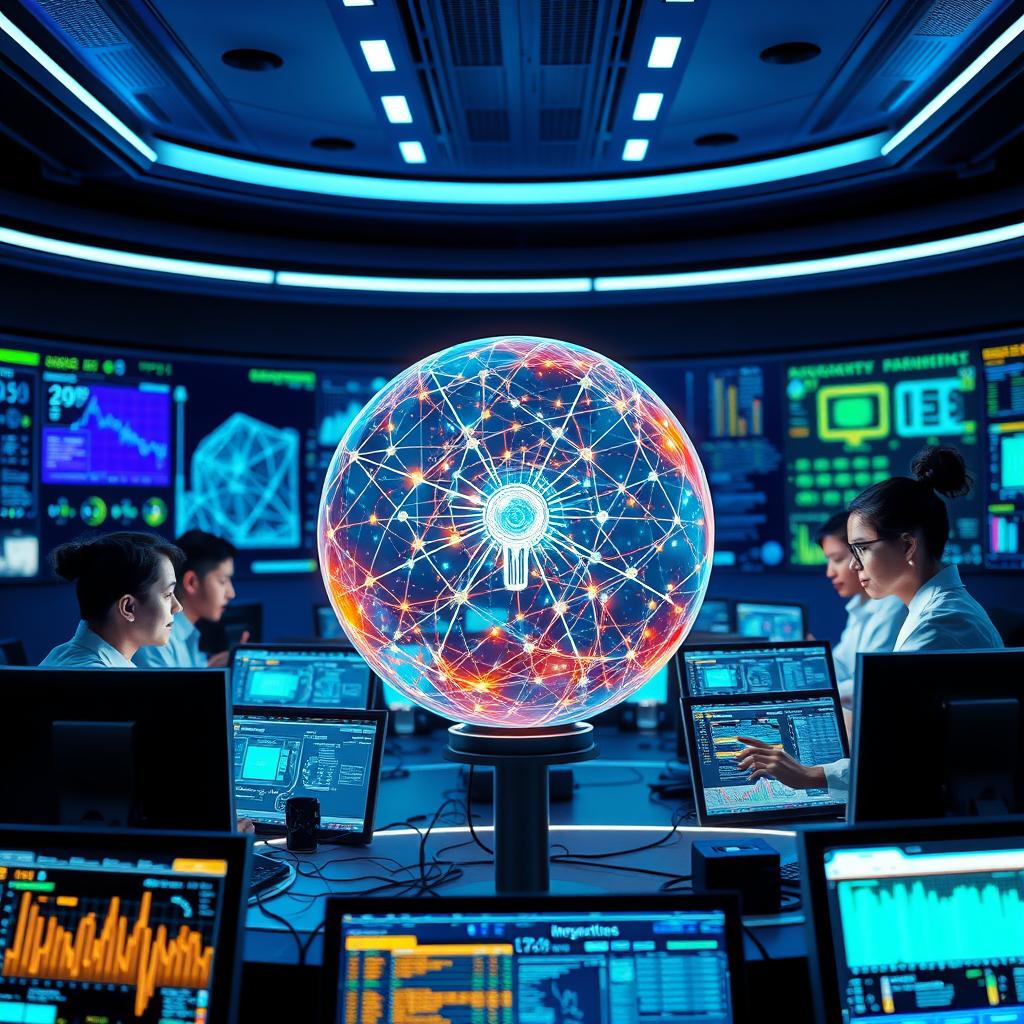 A futuristic scene depicting a highly advanced artificial intelligence system in action