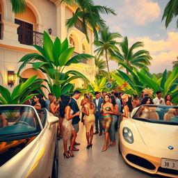 A glamorous representation of Brazilian bourgeoisie lifestyle, showcasing elegant architecture, luxury cars, and stylishly dressed individuals engaging in social activities at a high-society event