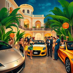 A glamorous representation of Brazilian bourgeoisie lifestyle, showcasing elegant architecture, luxury cars, and stylishly dressed individuals engaging in social activities at a high-society event