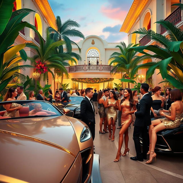 A glamorous representation of Brazilian bourgeoisie lifestyle, showcasing elegant architecture, luxury cars, and stylishly dressed individuals engaging in social activities at a high-society event