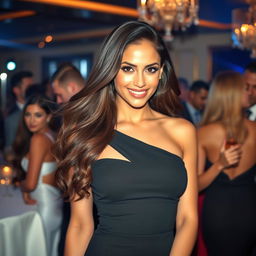 A beautiful, attractive woman with long flowing hair, wearing a stylish and form-fitting dress that accentuates her curves