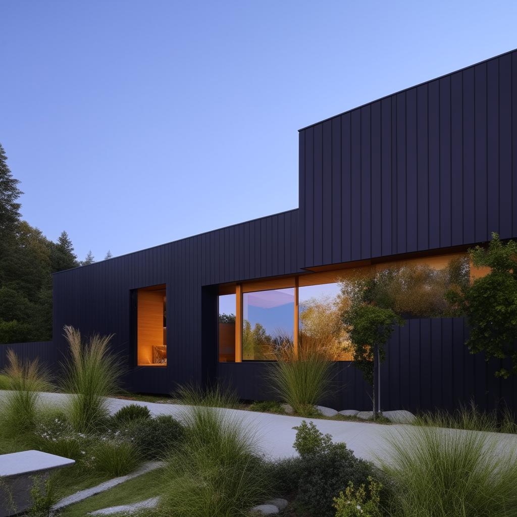 A modern house with black exterior walls and teak wood accents, displaying clean lines, minimalist design, and expansive windows.