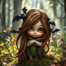 A whimsical female forest gnome, featuring long, flowing brown hair adorned with playful bats nestled in her locks
