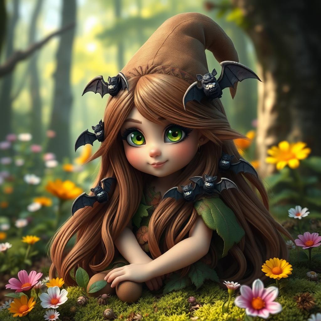 A whimsical female forest gnome, featuring long, flowing brown hair adorned with playful bats nestled in her locks