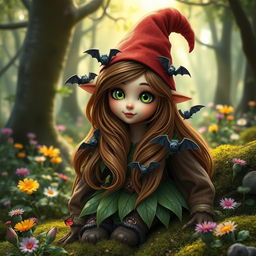 A whimsical female forest gnome, featuring long, flowing brown hair adorned with playful bats nestled in her locks