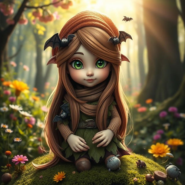 A whimsical female forest gnome, featuring long, flowing brown hair adorned with playful bats nestled in her locks