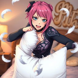 A dynamic scene featuring an anime woman with vibrant pink hair and striking blue eyes, passionately tearing apart a soft white pillow in an action-packed pose