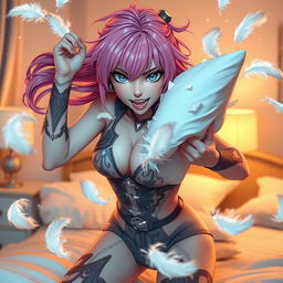 A dynamic scene featuring an anime woman with vibrant pink hair and striking blue eyes, passionately tearing apart a soft white pillow in an action-packed pose