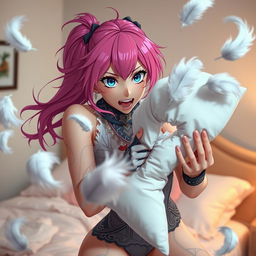 A dynamic scene featuring an anime woman with vibrant pink hair and striking blue eyes, passionately tearing apart a soft white pillow in an action-packed pose