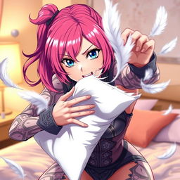 A dynamic scene featuring an anime woman with vibrant pink hair and striking blue eyes, passionately tearing apart a soft white pillow in an action-packed pose