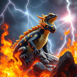 A majestic fire salamander king with glossy scales adorned in striking black and vibrant yellow spots, standing atop a throne made of molten rock