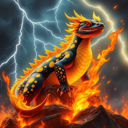 A majestic fire salamander king with glossy scales adorned in striking black and vibrant yellow spots, standing atop a throne made of molten rock