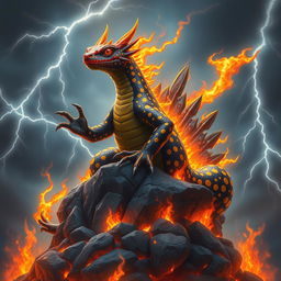 A majestic fire salamander king with glossy scales adorned in striking black and vibrant yellow spots, standing atop a throne made of molten rock