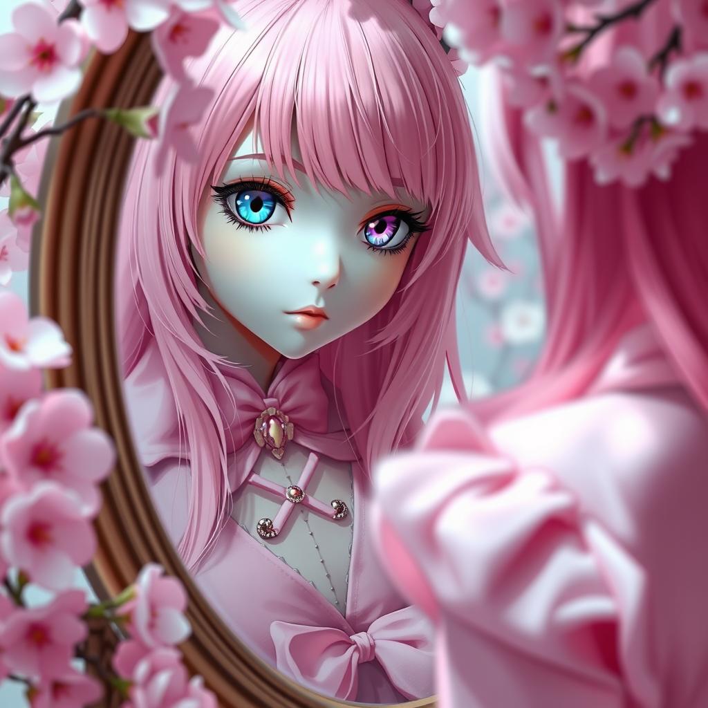 A girl looking into a mirror with pink hair, wearing a stylish pink outfit