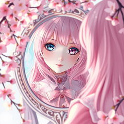 A girl looking into a mirror with pink hair, wearing a stylish pink outfit