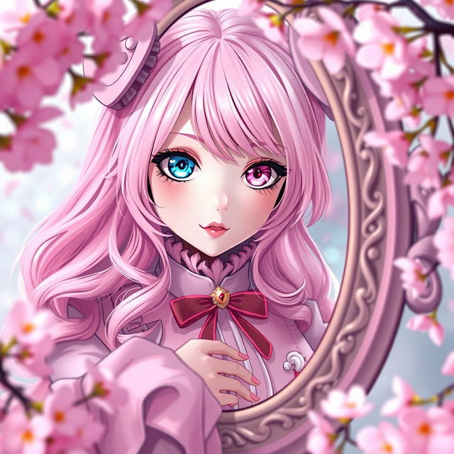 A girl looking into a mirror with pink hair, wearing a stylish pink outfit