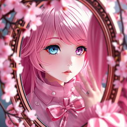 A girl looking into a mirror with pink hair, wearing a stylish pink outfit