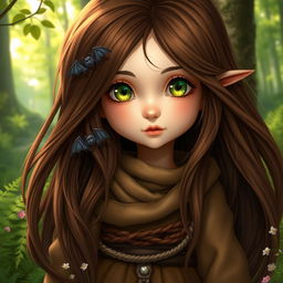 A serene and naturalistic portrayal of a female forest gnome, with rich brown hair flowing softly around her shoulders, adorned with small, subtle bats nestled within