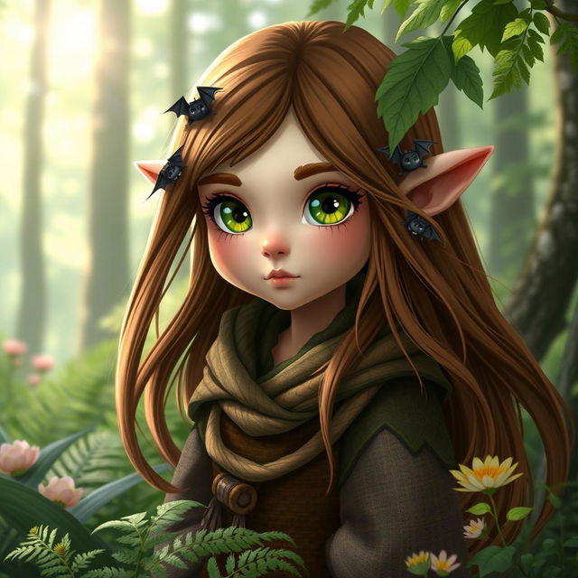 A serene and naturalistic portrayal of a female forest gnome, with rich brown hair flowing softly around her shoulders, adorned with small, subtle bats nestled within