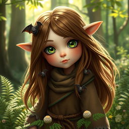 A serene and naturalistic portrayal of a female forest gnome, with rich brown hair flowing softly around her shoulders, adorned with small, subtle bats nestled within