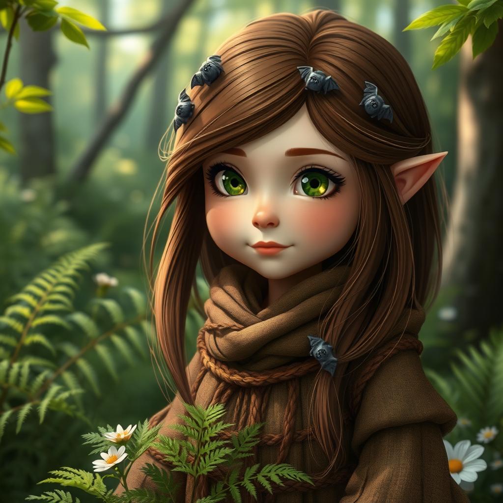 A serene and naturalistic portrayal of a female forest gnome, with rich brown hair flowing softly around her shoulders, adorned with small, subtle bats nestled within