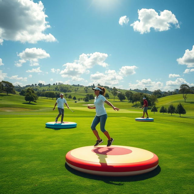 A surreal golf course featuring large, colorful floating disks that hover above the ground