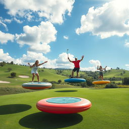 A surreal golf course featuring large, colorful floating disks that hover above the ground