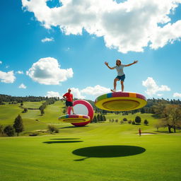 A surreal golf course featuring large, colorful floating disks that hover above the ground