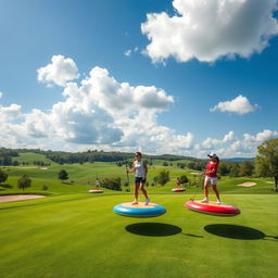 A surreal golf course featuring large, colorful floating disks that hover above the ground