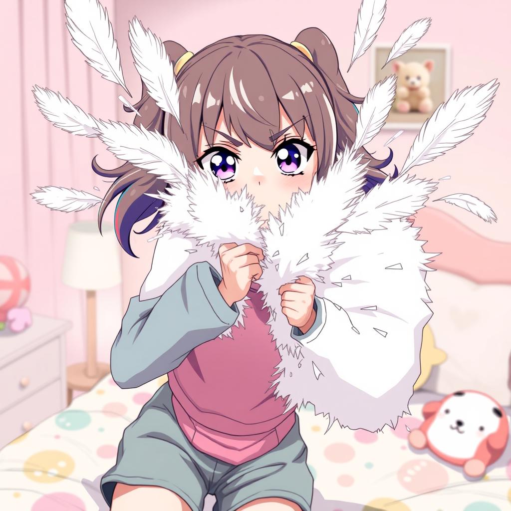 An anime-style woman with large expressive eyes and colorful hair, wearing a cute, casual outfit, is shown in a dramatic moment as she rips a fluffy pillow apart