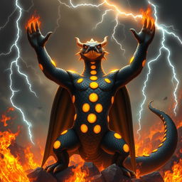 An imposing fire-salamander king, depicted with sleek black scales adorned with bright yellow spots that shimmer against the fiery backdrop