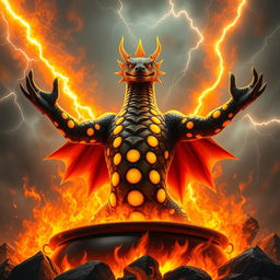 An imposing fire-salamander king, depicted with sleek black scales adorned with bright yellow spots that shimmer against the fiery backdrop