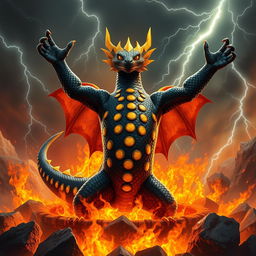 An imposing fire-salamander king, depicted with sleek black scales adorned with bright yellow spots that shimmer against the fiery backdrop