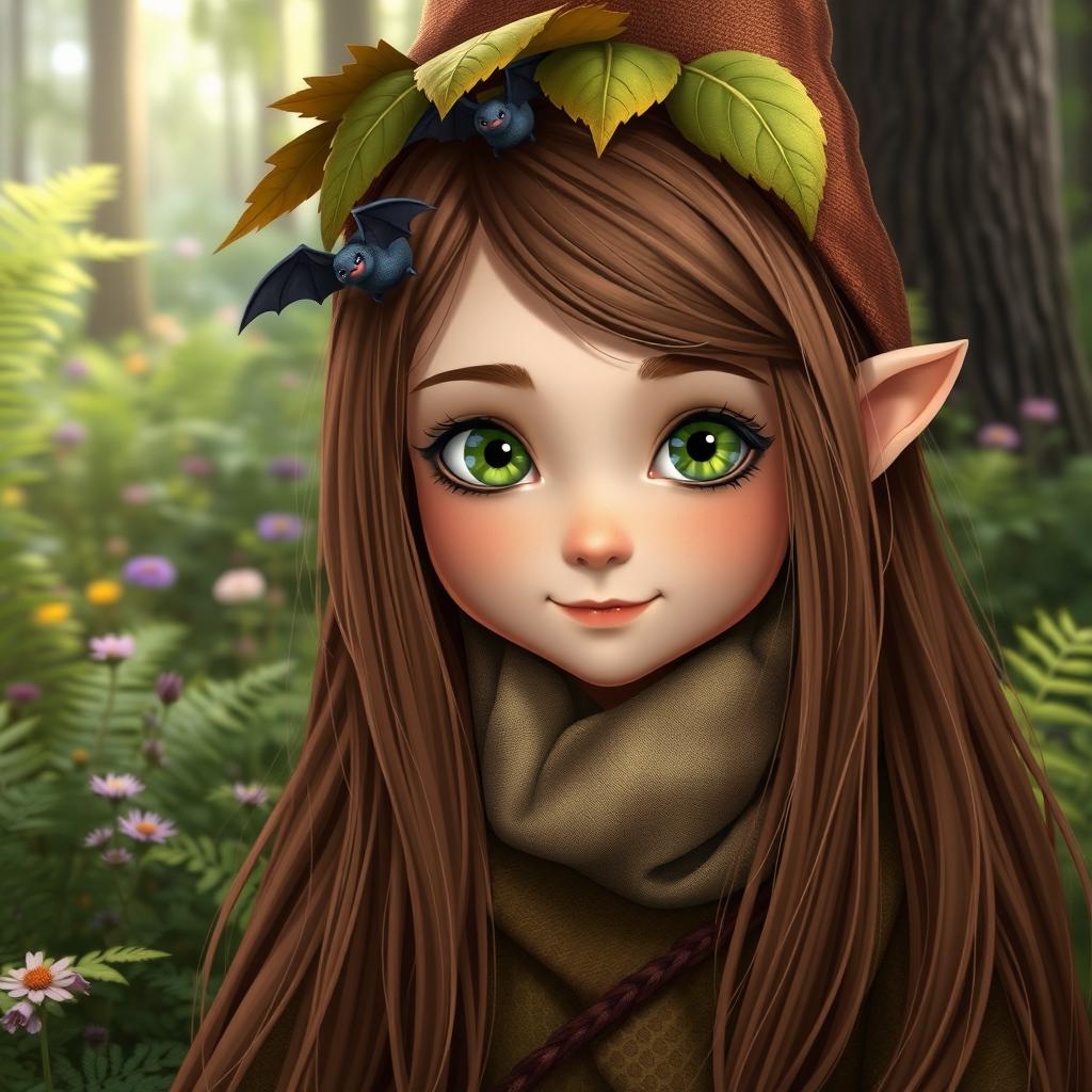 A naturalistic portrayal of a female forest gnome with long brown hair, playfully adorned with small bats nestled within