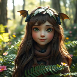 A naturalistic portrayal of a female forest gnome with long brown hair, playfully adorned with small bats nestled within