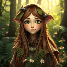 A naturalistic portrayal of a female forest gnome with long brown hair, playfully adorned with small bats nestled within