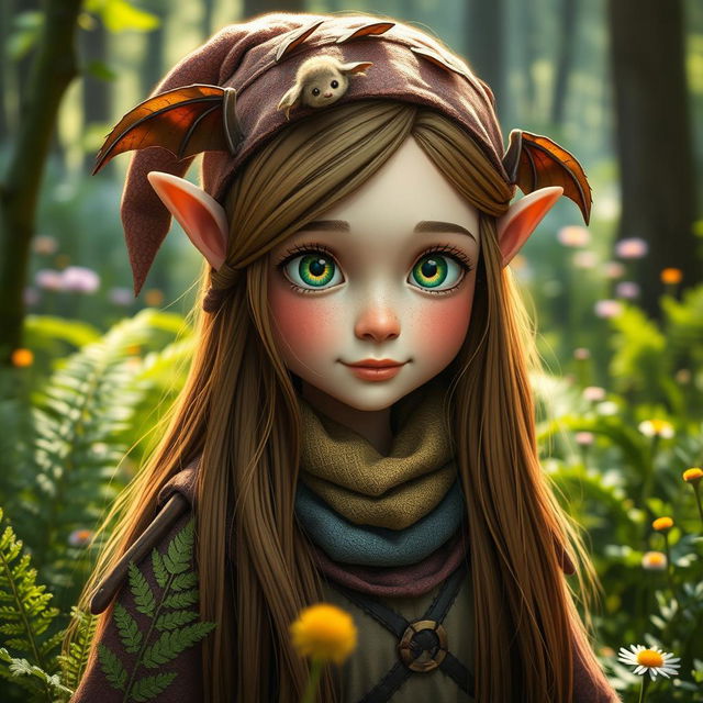 A naturalistic portrayal of a female forest gnome with long brown hair, playfully adorned with small bats nestled within