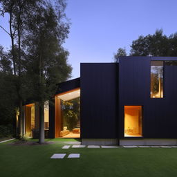 A modern house with black exterior walls and teak wood accents, displaying clean lines, minimalist design, and expansive windows.