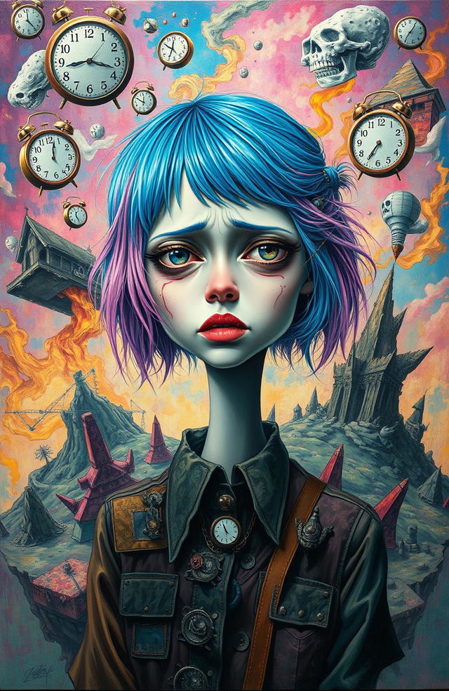 A modern painting in the weirdcore style depicting a girl in a state of stress