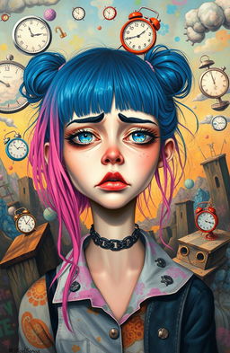 A modern painting in the weirdcore style depicting a girl in a state of stress