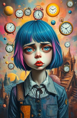 A modern painting in the weirdcore style depicting a girl in a state of stress