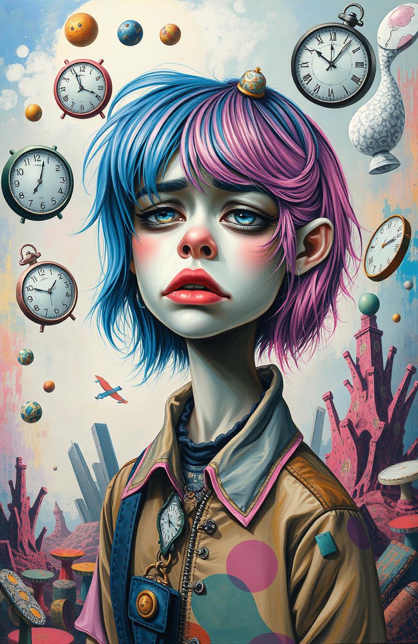 A modern painting in the weirdcore style depicting a girl in a state of stress