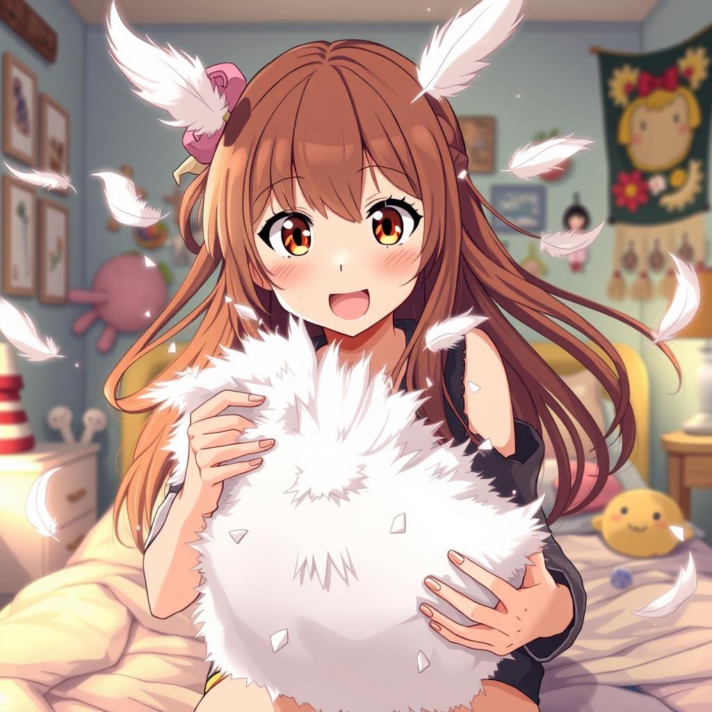 An anime-style woman with long, flowing hair and bright, expressive eyes is captured in a high-energy moment as she tears apart a fluffy pillow