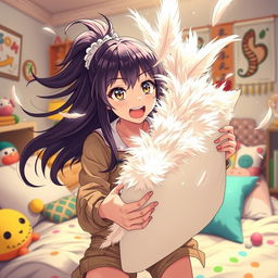 An anime-style woman with long, flowing hair and bright, expressive eyes is captured in a high-energy moment as she tears apart a fluffy pillow
