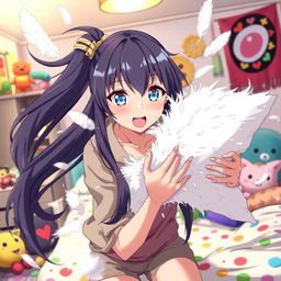 An anime-style woman with long, flowing hair and bright, expressive eyes is captured in a high-energy moment as she tears apart a fluffy pillow