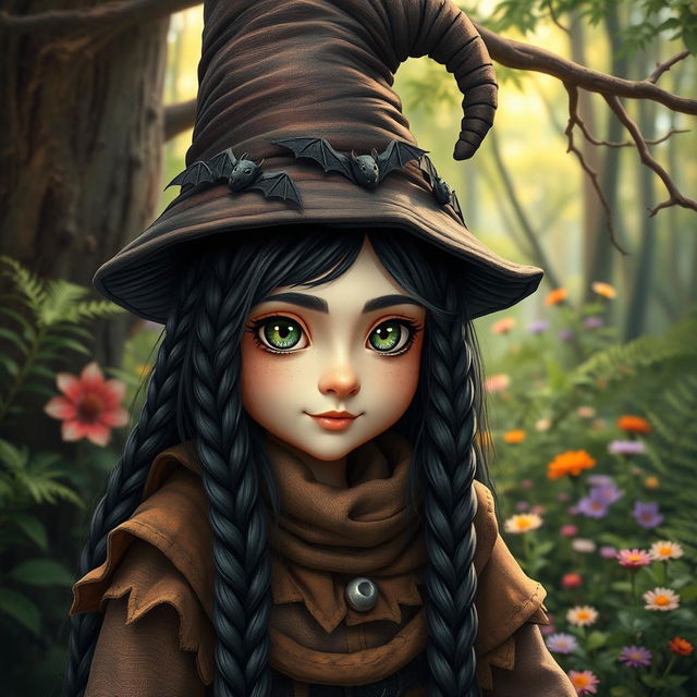 A detailed and realistic depiction of a female forest gnome featuring long black braided hair, intricately adorned with small, playful bats nestled throughout